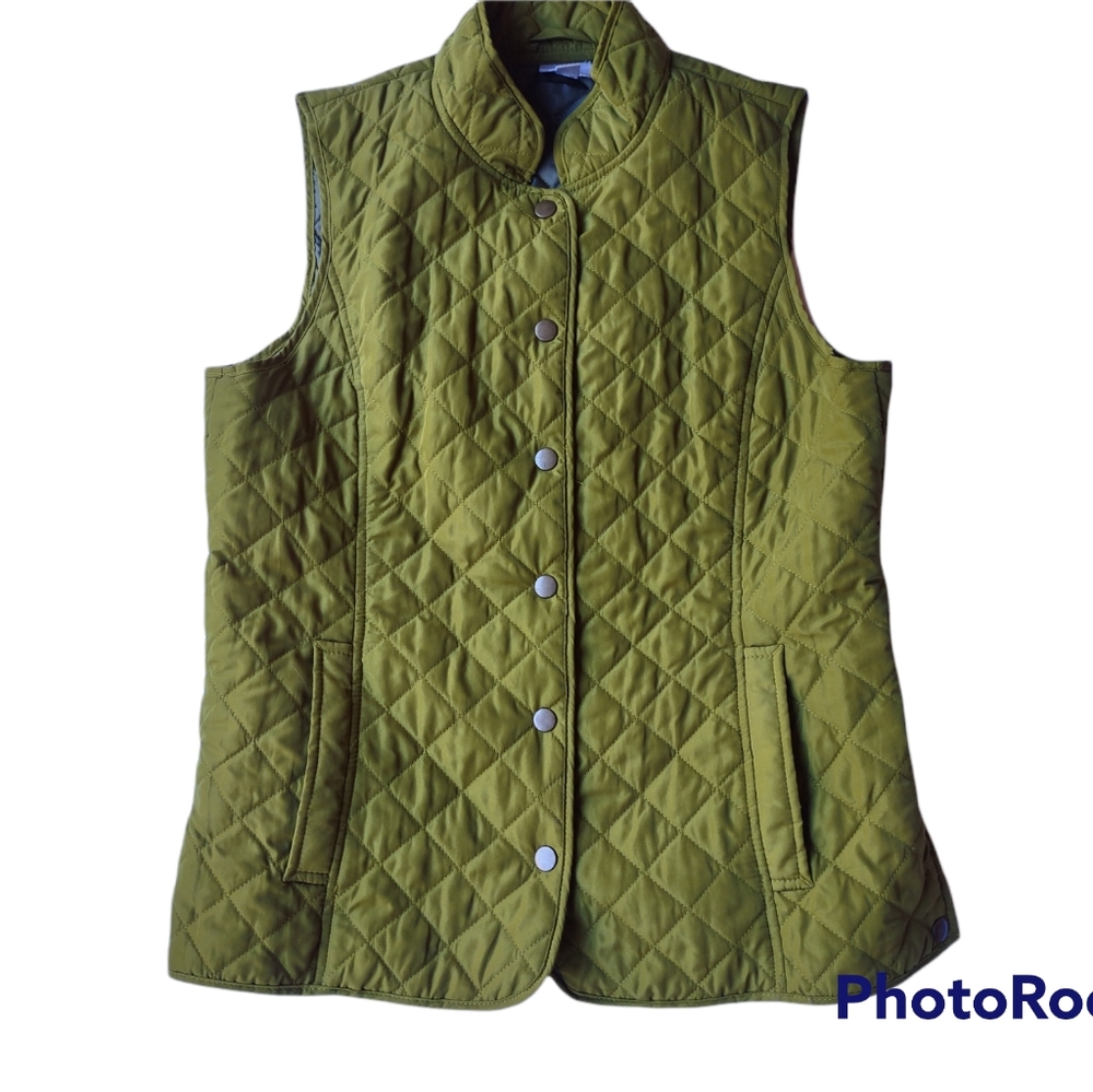 J. Jill Quilted Vest Green Pockets Snap Button Closure Women's Small green